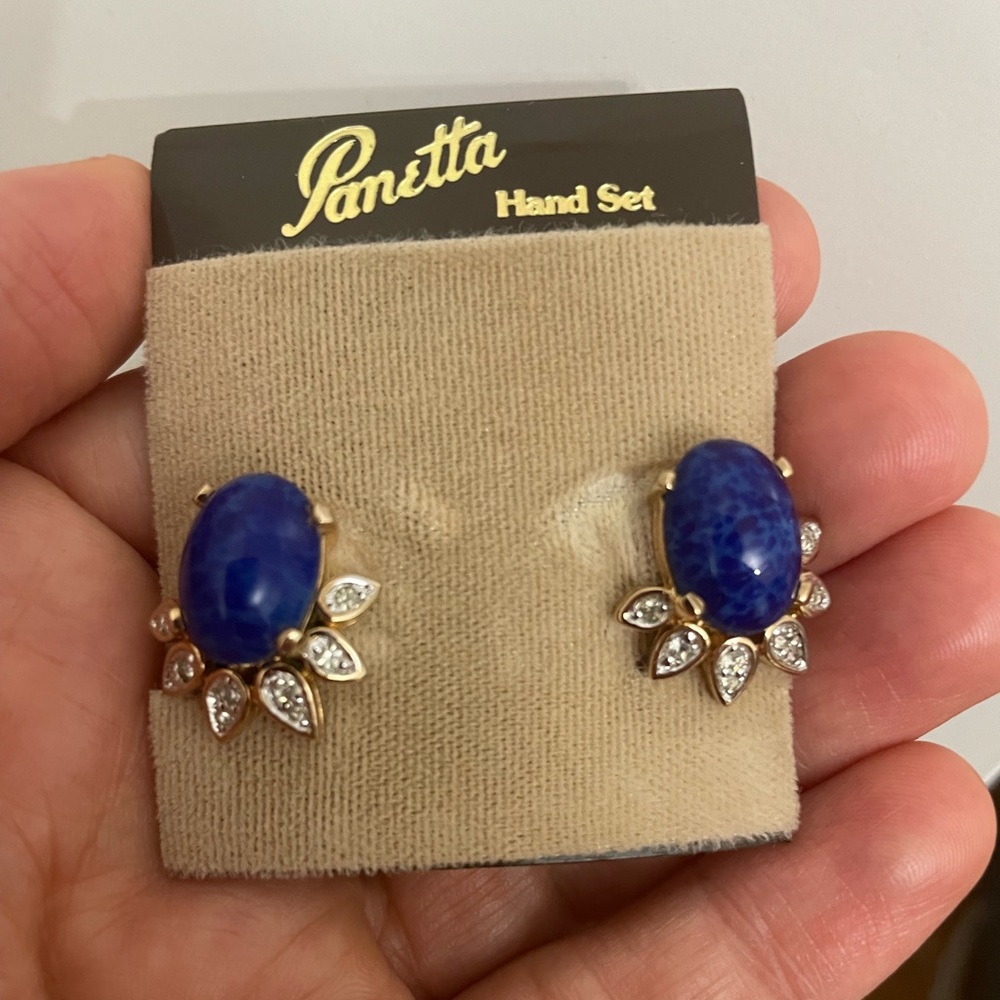 Gorgeous Panetta Stamped Clip On Faux Lapis & Rhinestone Earrings